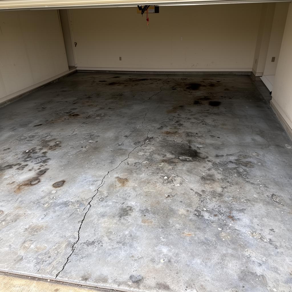 Cracked, stained concrete floor before coating